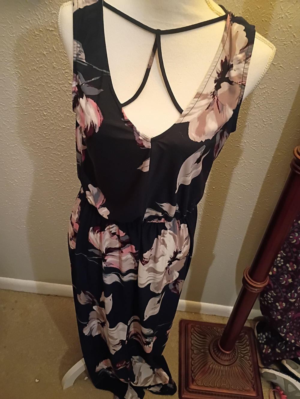 Floral Navy Sleeveless Maxi Dress with Strappy Neckline